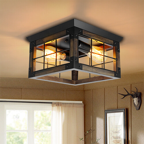 Rustic 2/4 Light Ceiling Fixture，Farmhouse Wood Flush Mount Ceiling Light Cage gallery