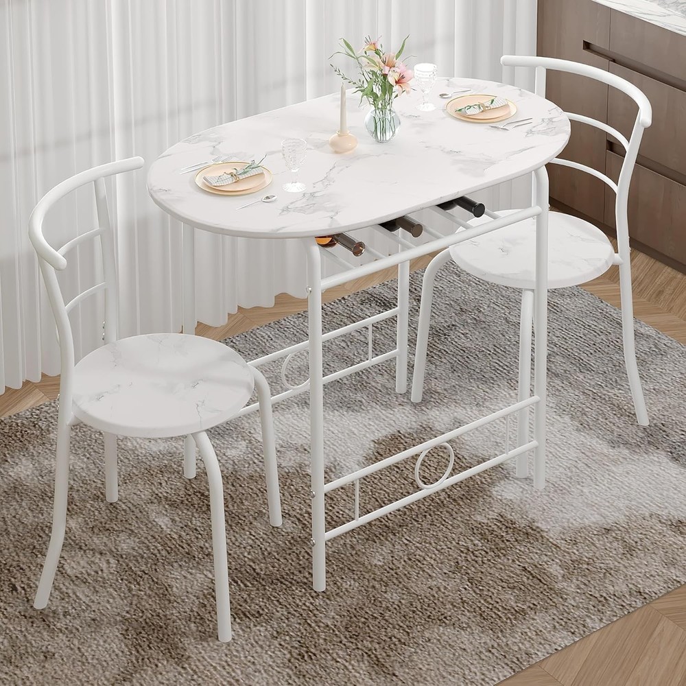 3-Piece Dining Table Set Kitchen Breakfast Nook Faux Marbled Oval Tabletop