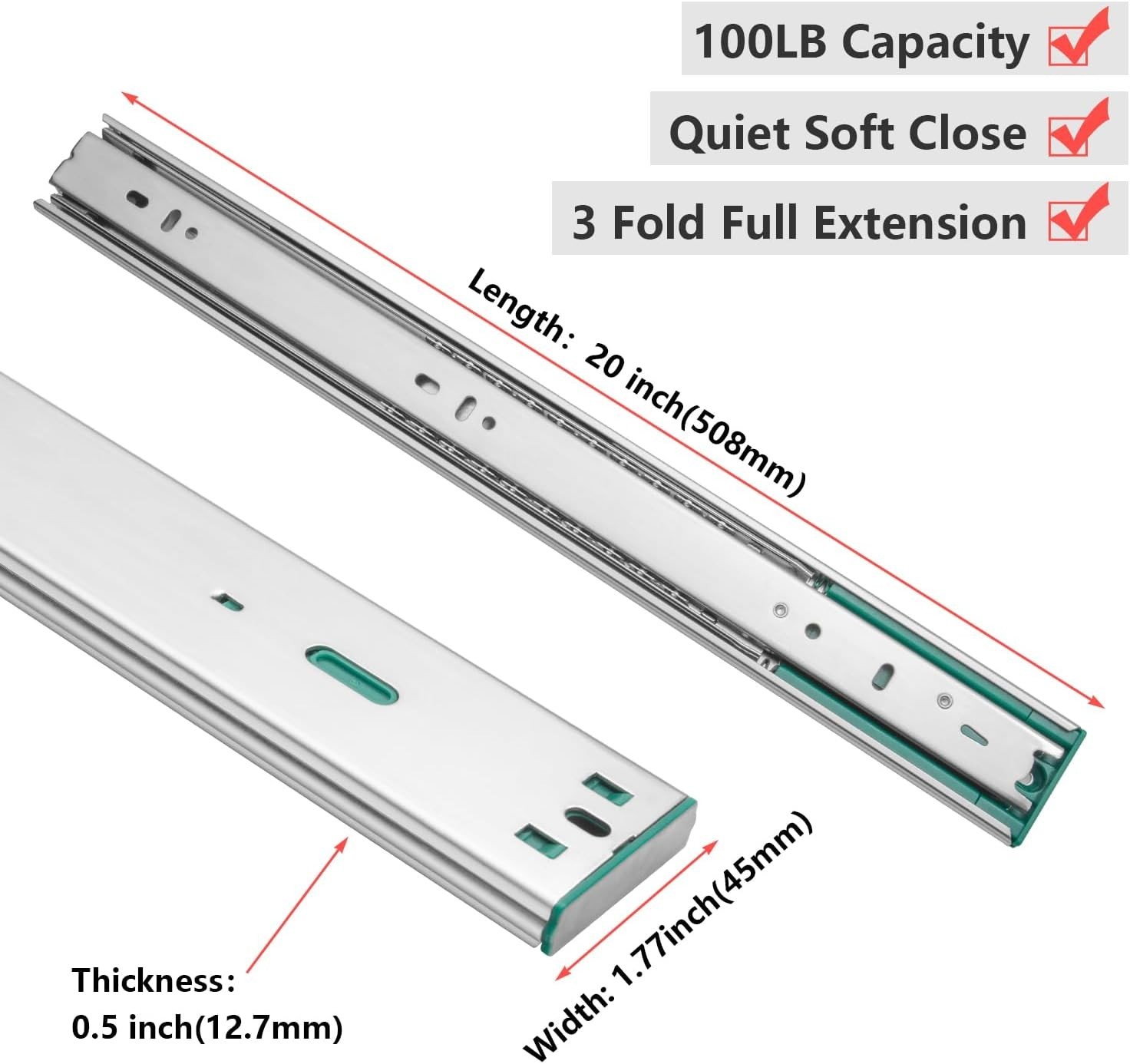 10 Pairs 20" Soft Close Drawer Slides Heavy Duty Side Mount Cabinet Rails 100lbs gallery