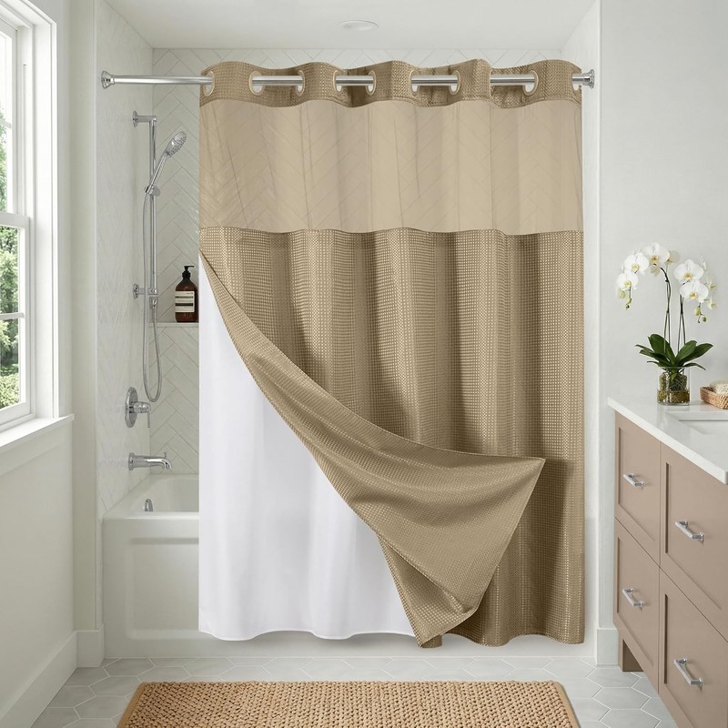 72x75 Hookless Waffle Pattern Shower Curtain - Water-Resistant Long Shower gallery