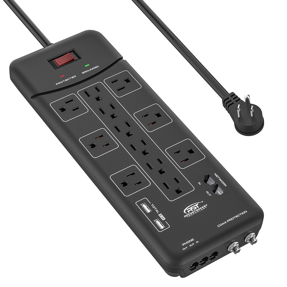 CRST 1875W Surge Protector Power Strip with Flat Plug and 2USB, 6FT ETL Listed