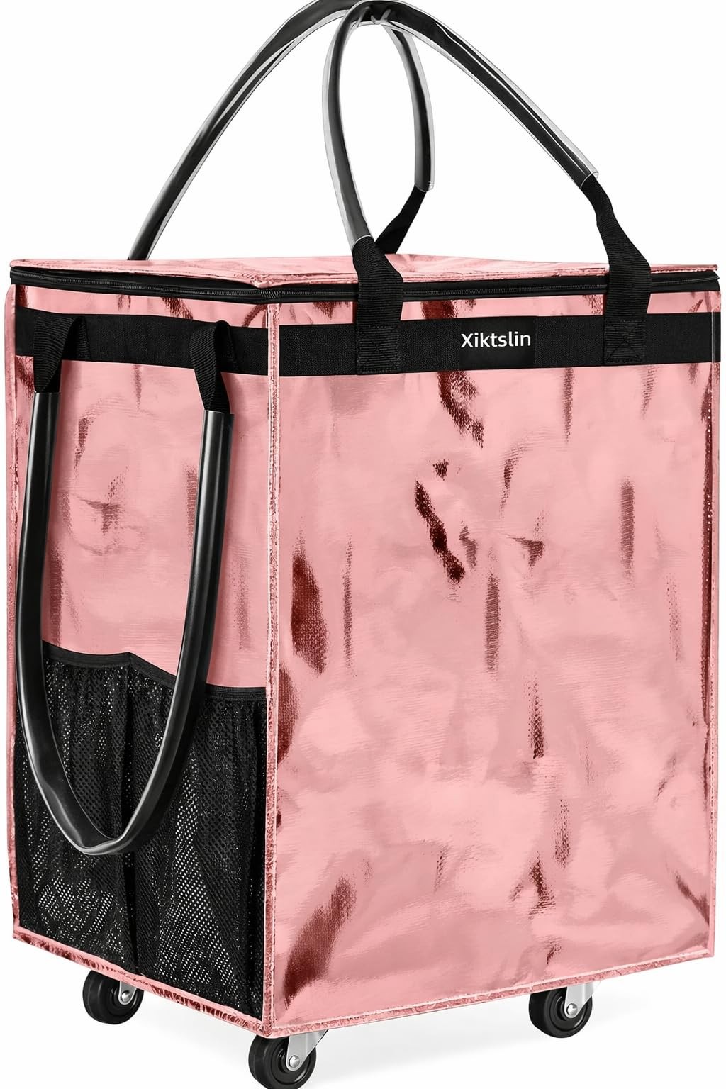 (Medium, Rose Gold) Reusable Grocery Bag on Wheels, Foldable Rolling Tote Carrie gallery