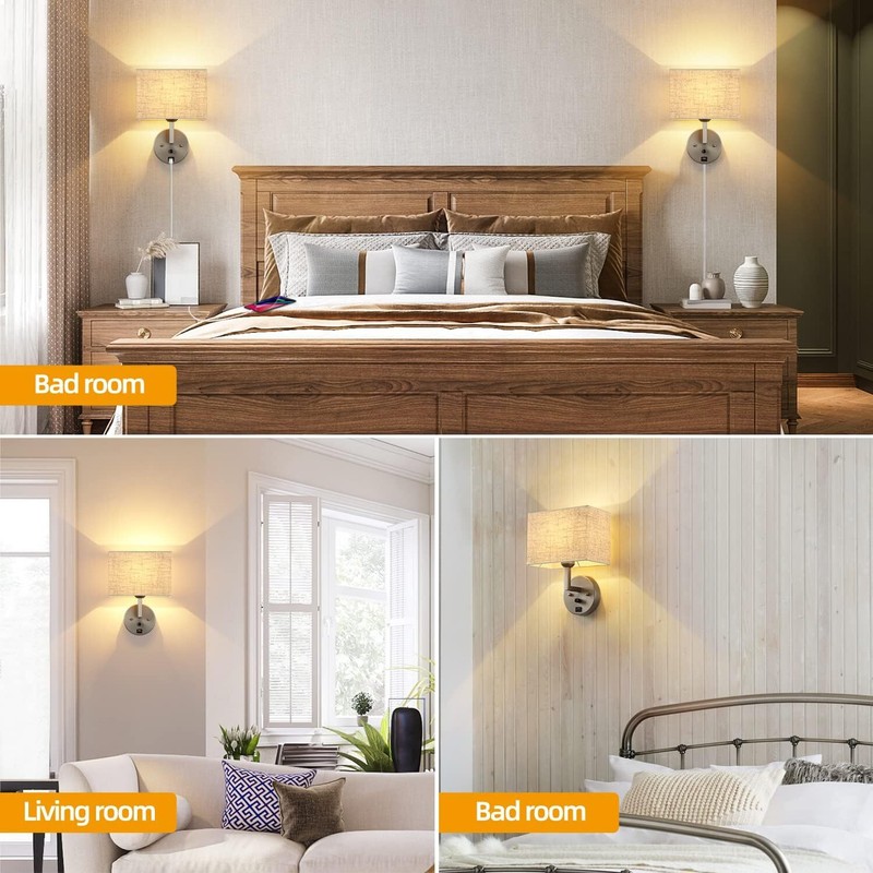 Plug in Wall Sconce with Dimmer Switch and USB Port，1-Light Silver gallery