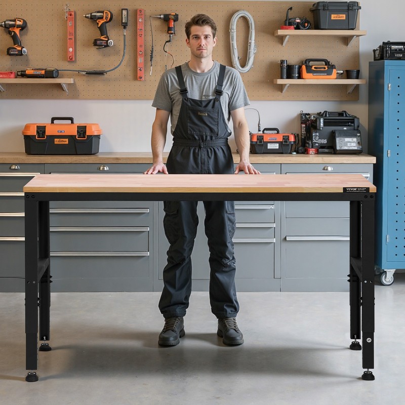 Adjustable Height Workbench 61"L x 20"W Work Bench Table w/ Power Outlets gallery