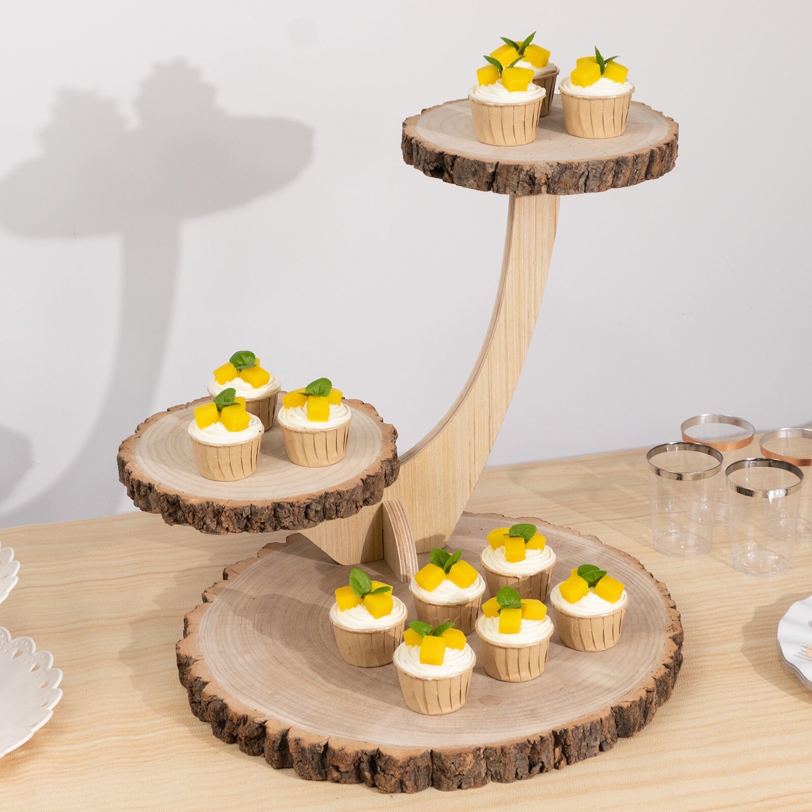 17" Tall 3 Tier NATURAL Rustic Wood Slice Cupcake Stand in Tree Branch Style gallery