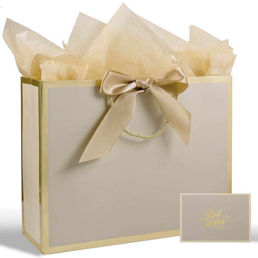 13" Medium Gift Bag with Ribbon, 1 Count (Pack of 1), A-Khaki
