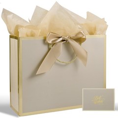 13″ Medium Gift Bag with Ribbon, 1 Count (Pack of 1), A-Khaki