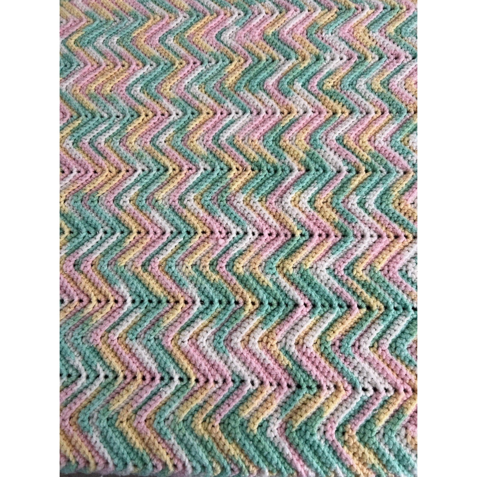 Handmade Crochet Chevron Throw Blanket Pastel Pink Yellow Green Zig Zag Tassels gallery