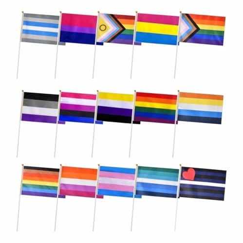 Rainbow Pride Stick Flags Set - 15 Mini Handheld LGBTQ Flags, 5x8 Inches, 75 Pac gallery