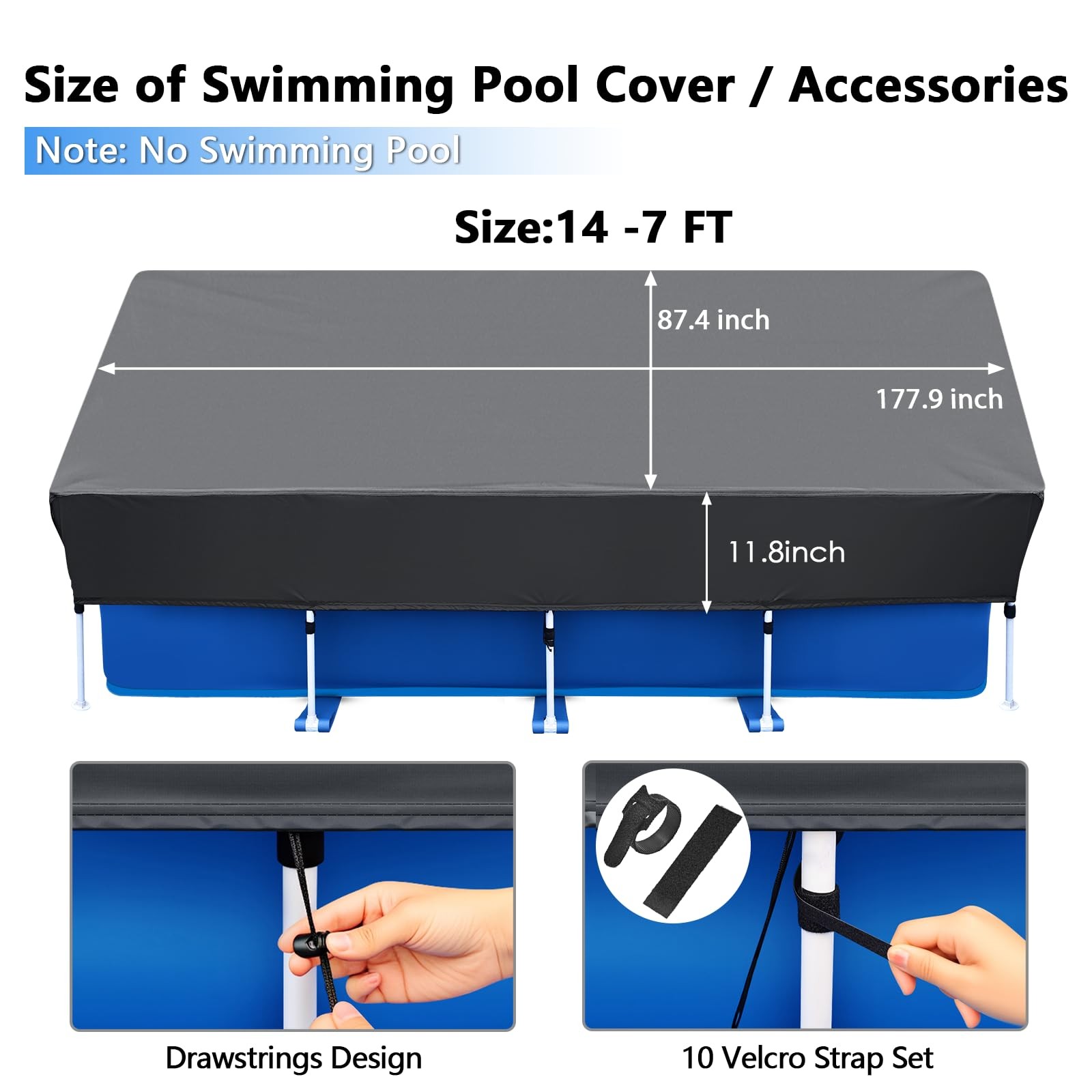 177 x 87 in Rectangle Pool Cover Drawstring Design 14x7 177 x 87 in, black gallery