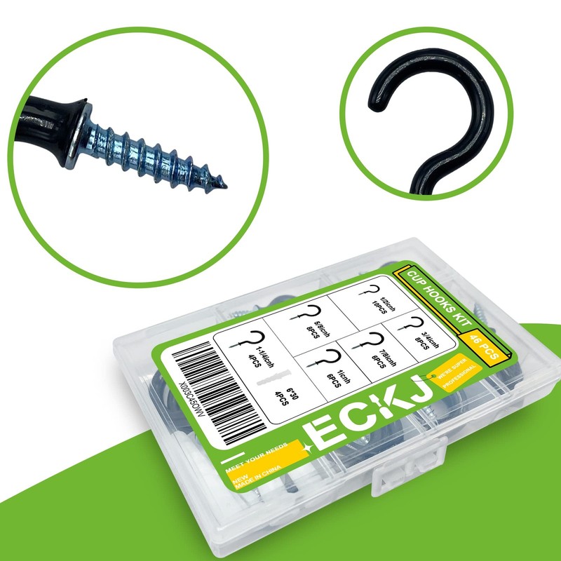 Small Black Screw-in Hooks Assorted Kit with Plugs, 1/2", 5/8", 3/4", 7/8", 1", gallery
