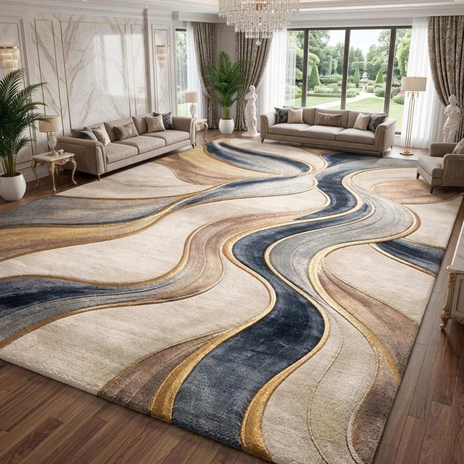 Hand Tufted Abstract Modern Wave Pattern Rug, Neutral Beige Blue Gold Area Rug gallery