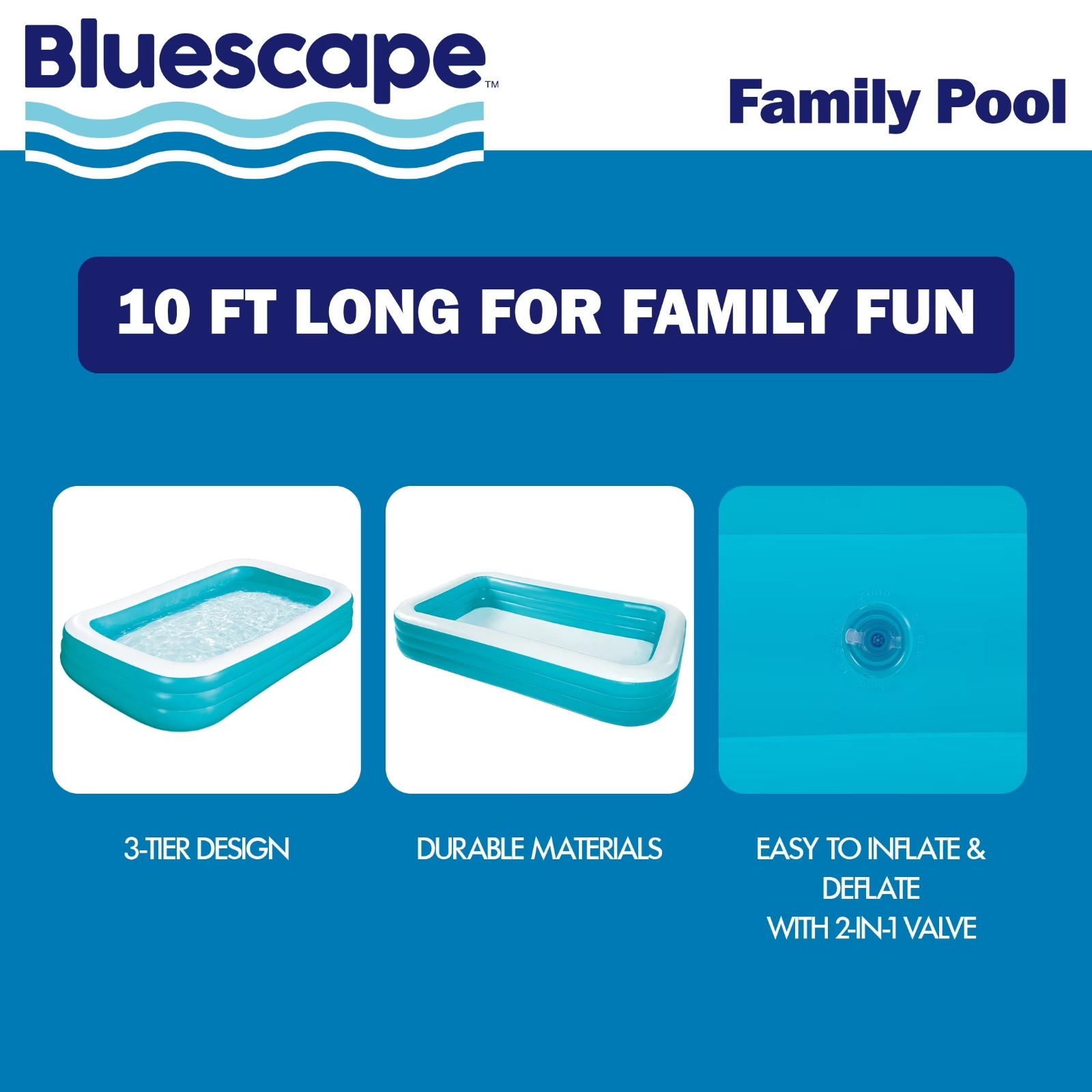 Bluescape 10ft Rectangular Family Inflatable Swimming Pool for Ages 6 and Up gallery