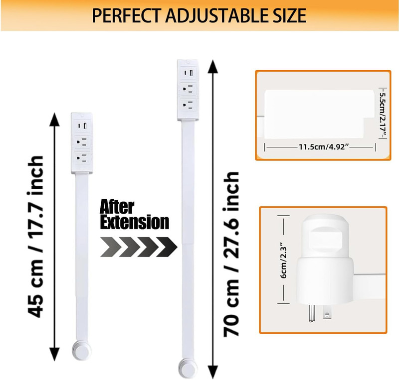 Electrical Outlet Extender Adjustable 17”-27” with 2 AC Outlets, USB-A & USB-C P gallery