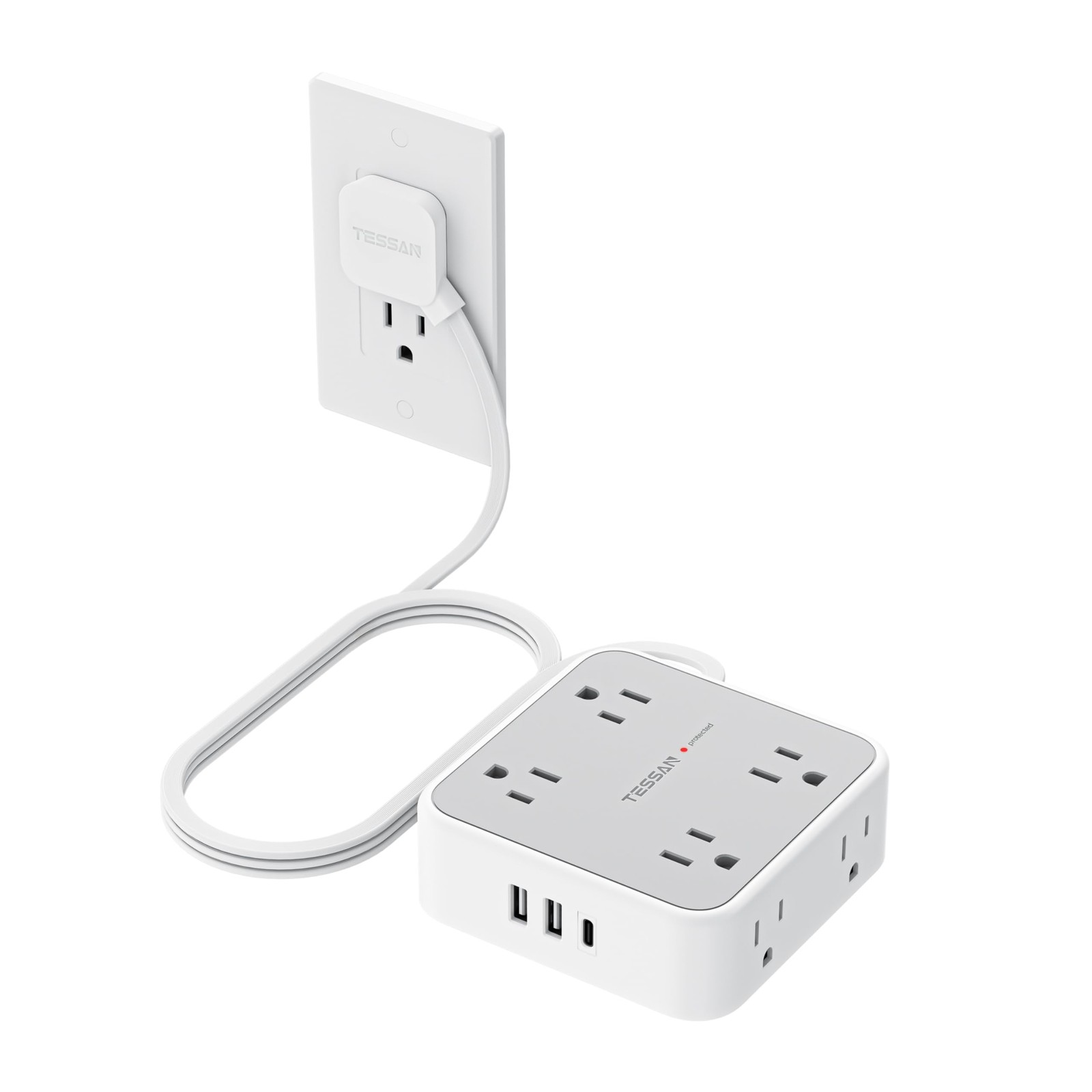 TESSAN Surge Protector Power Strip, 5 Ft Flat Plug 5 feet, Grey with 1 USB C gallery