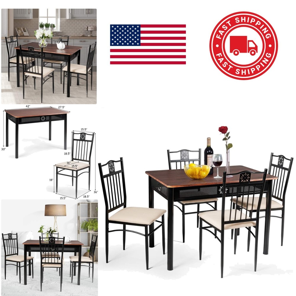 Sturdy Dining Table Set with Dark Brown Wood Top and Easy Assembly Instructions
