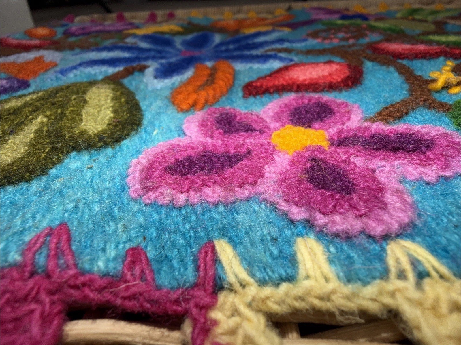 Hand Woven Alpaca Lambs Wool Table Runner 13”x 61”Peru Heavy Embroidery Pom Poms gallery