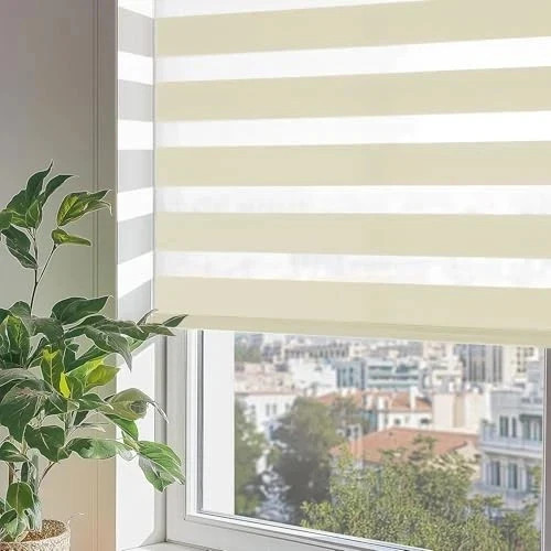 Cordless Zebra Blinds for Windows, Dual Layer Free-Stop 25"W x 72"H Beige gallery