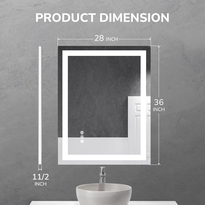 28x36'' LED Bathroom Mirror Wall Vanity Mirror Dimmable Anti-fog Tempered Glass gallery