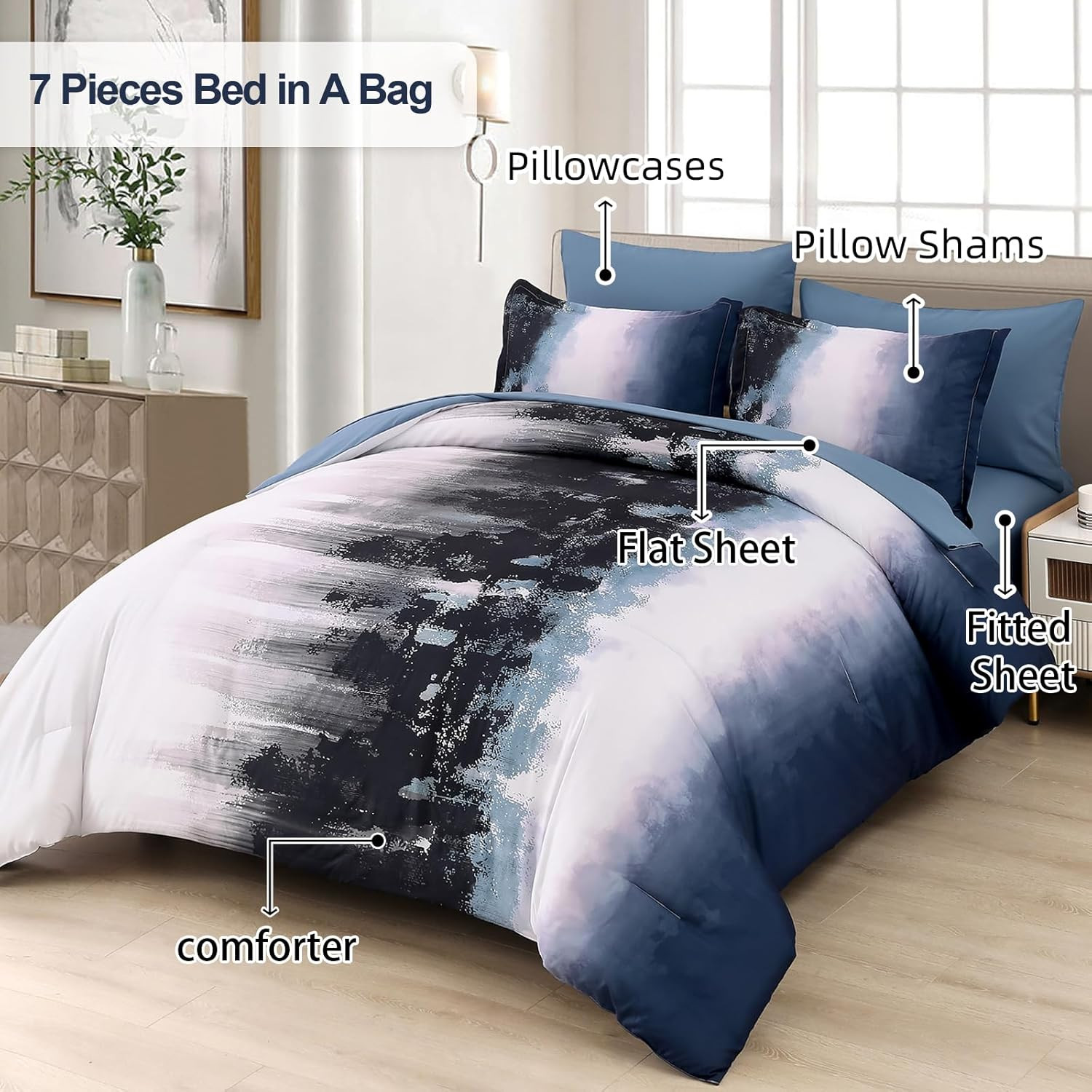 Ombre Blue Comforter Set Queen - 7 Piece Boho Bedding for Teens & Adults gallery