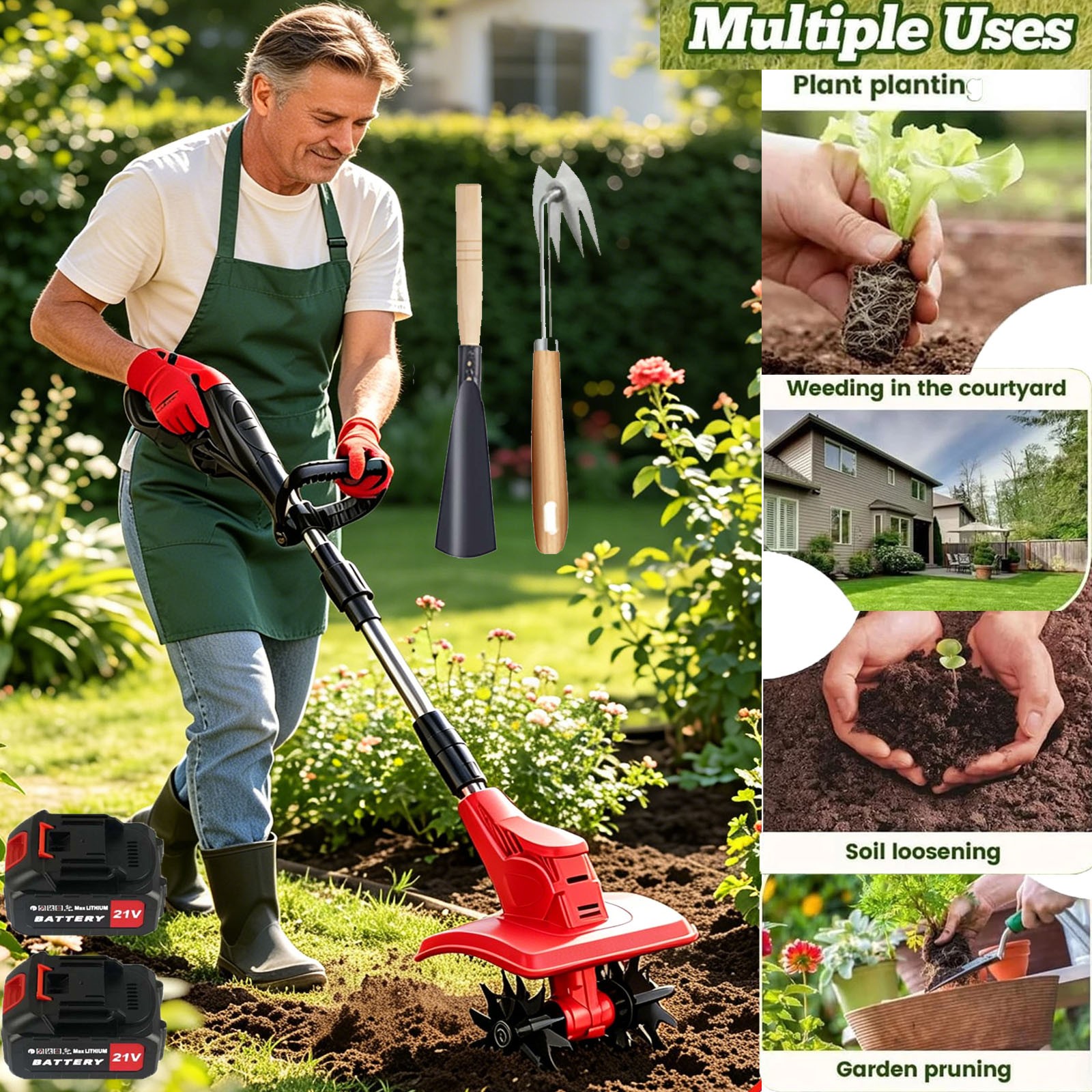 Handheld Cordless Tiller Cultivator Electric Powered Garden Rototiller+2 Battery gallery