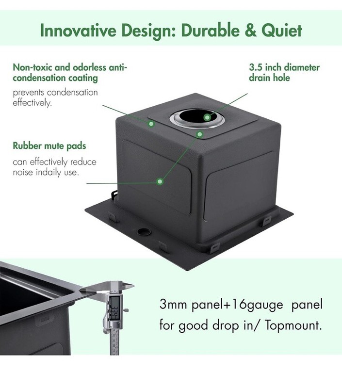EcoChannels Undermount Kitchen Sink, 15 x 15x 10 in 16 Gauge US Seller gallery
