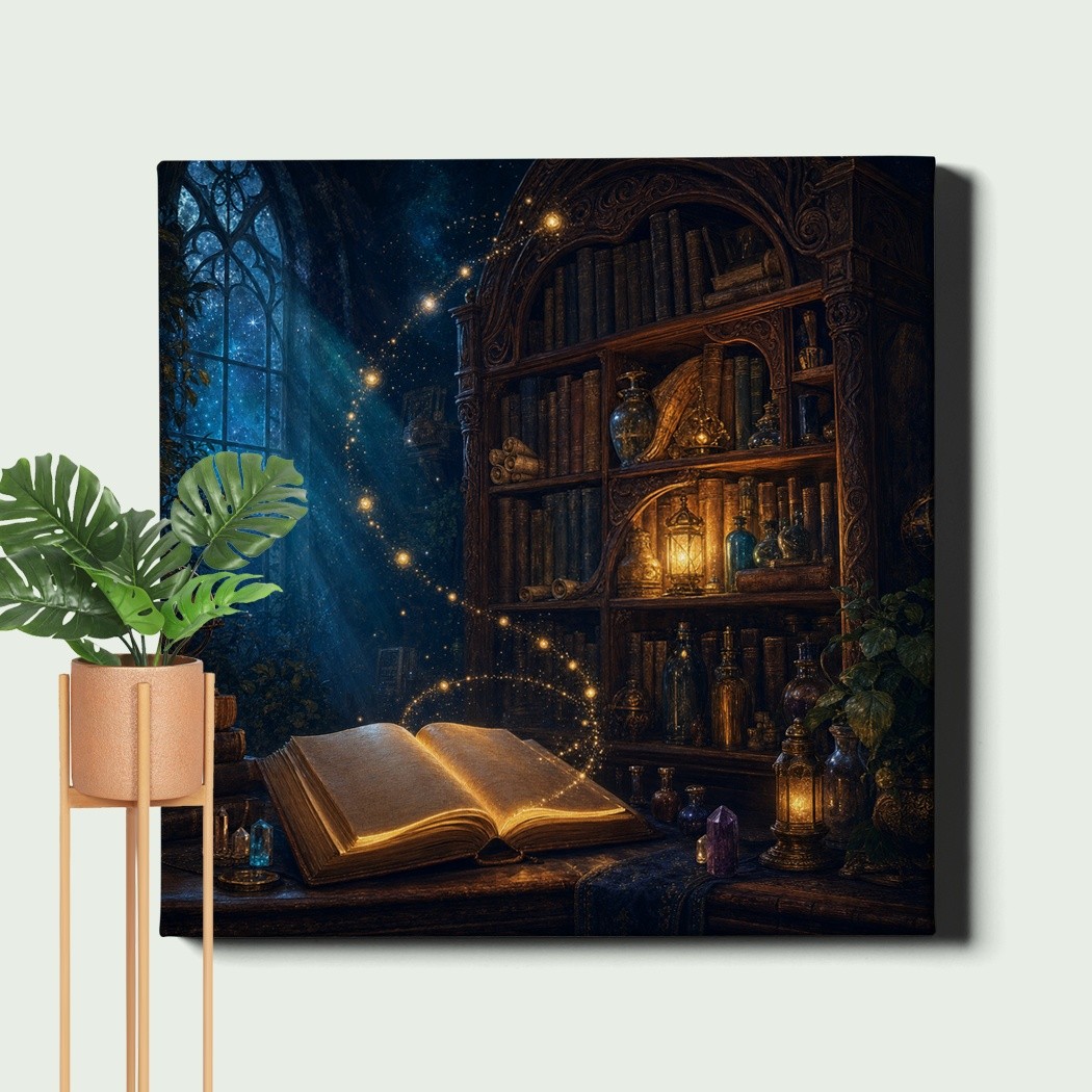 Magical Library with Open Book and Glowing Orbs Poster Print fantasy scene gallery