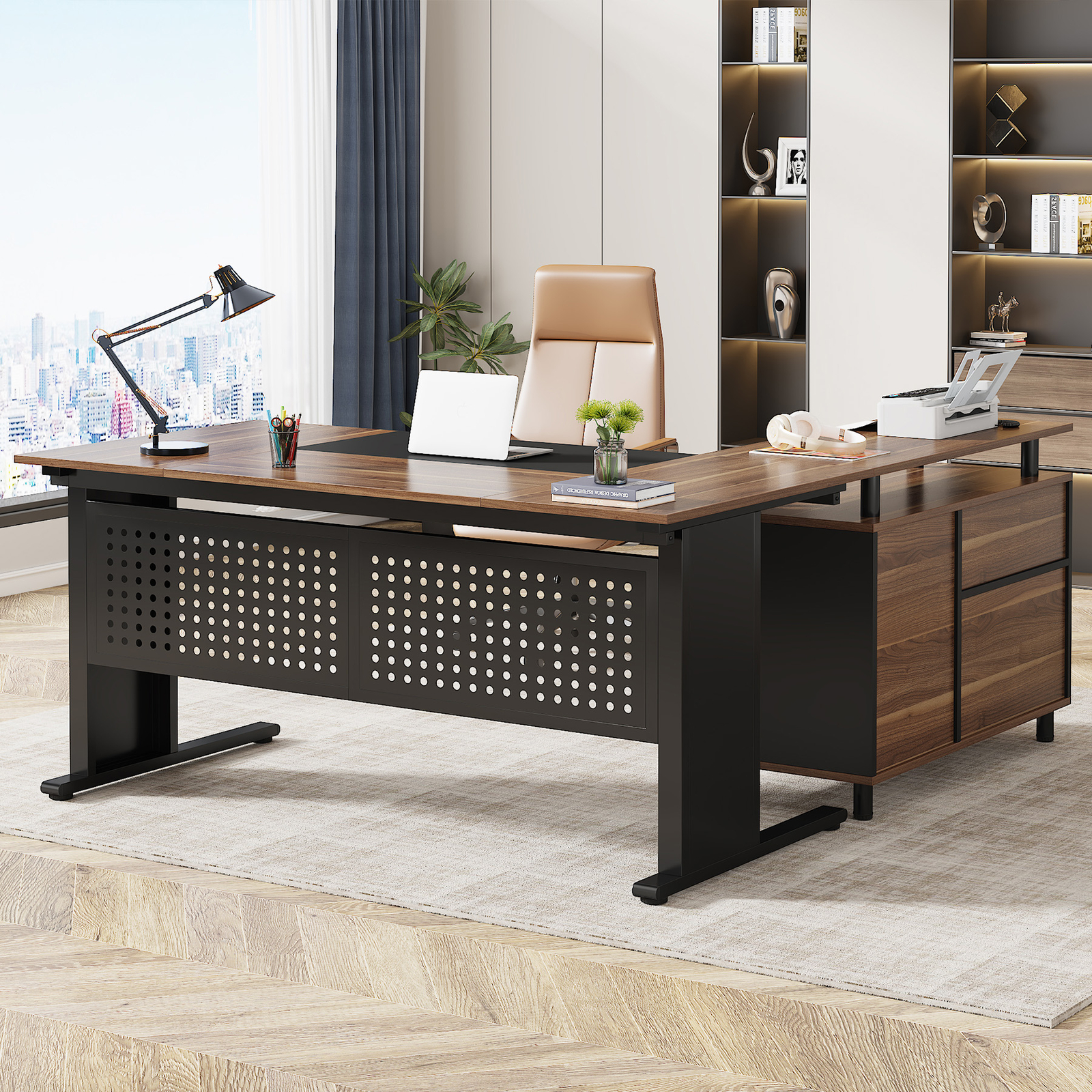 Modern Executive Desk with File Cabinet, L Shaped Office Desk w/ Storage Shelves gallery