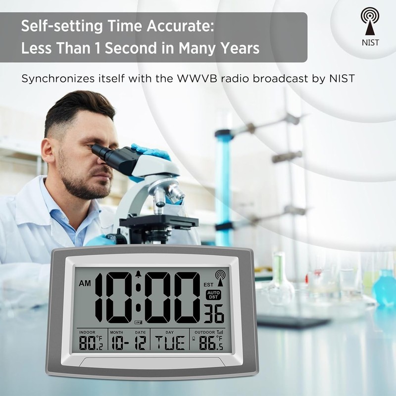 WallarGe Atomic Clock with Outdoor and Indoor Temperature - 12.5 Inch Self-Setti gallery