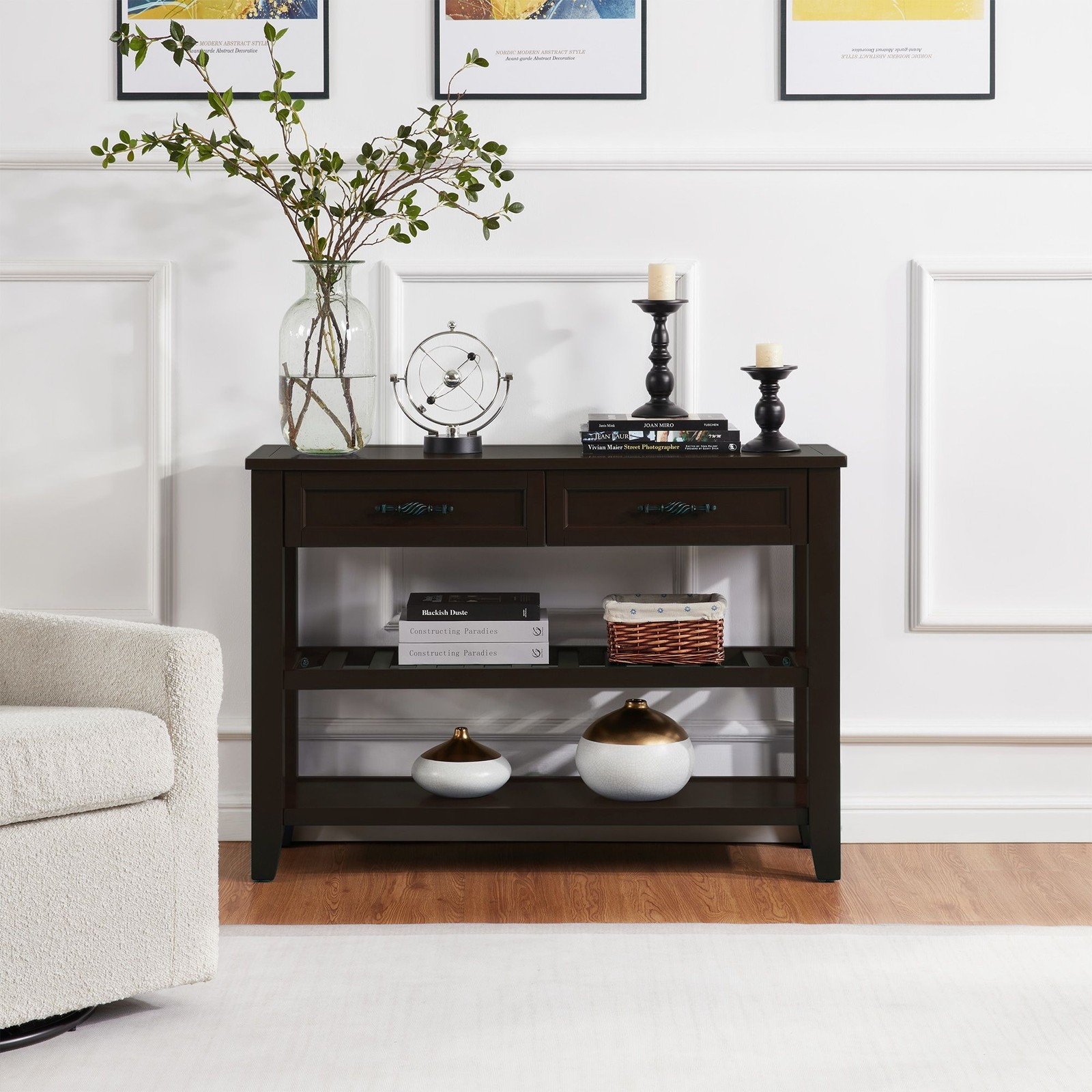 Retro Design Console Table with Two Open Shelves, Pine Solid Wood Frame and Legs gallery
