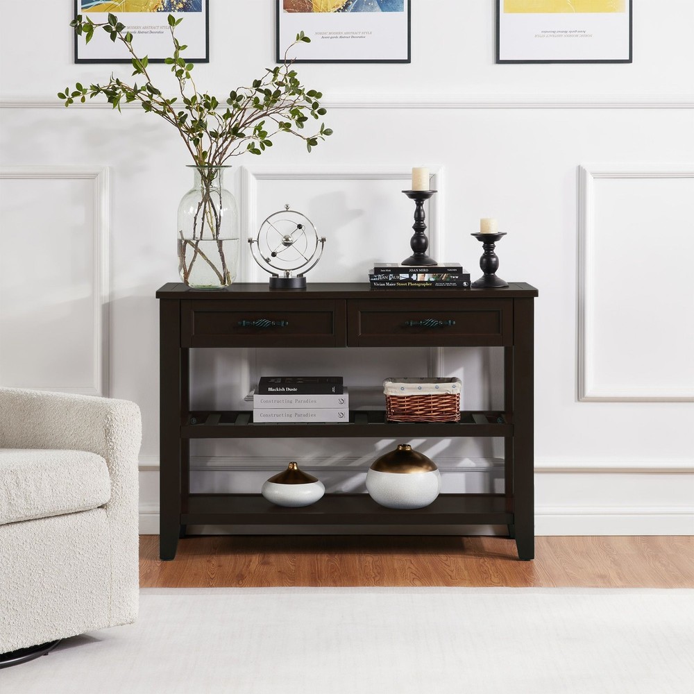Retro Design Console Table with Two Open Shelves, Pine Solid Wood Frame and Legs