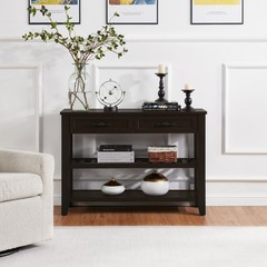 Retro Design Console Table with Two Open Shelves, Pine Solid Wood Frame and Legs