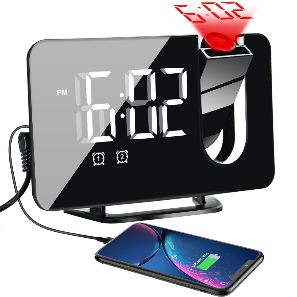 LED Display Projection Alarm Clock Snooze Digital Dual Alarm Clock FM Radio USB gallery