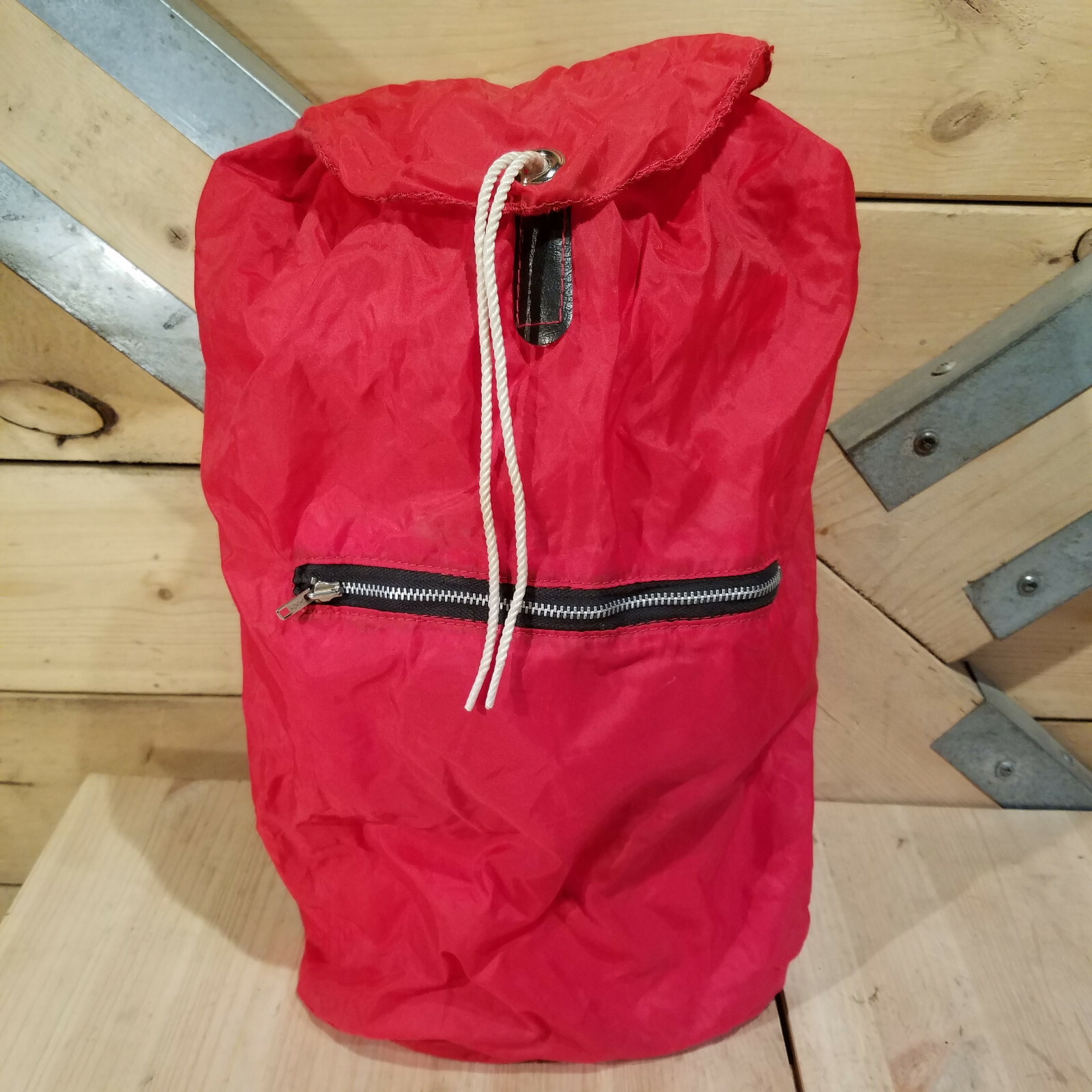 Red Polyester Drawstring Backpack Tear Drop w Leather Accents - Swanky Barn 2