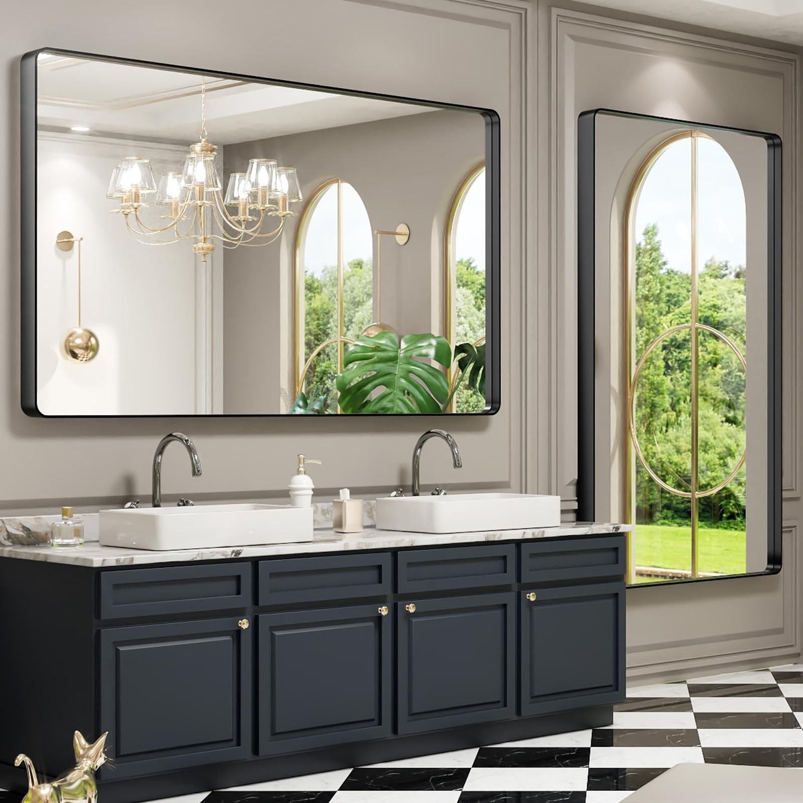 Mirror 60 L x 36 W Rounded Rectangle Black Metal Frame LOAAO Bathroom Framed gallery