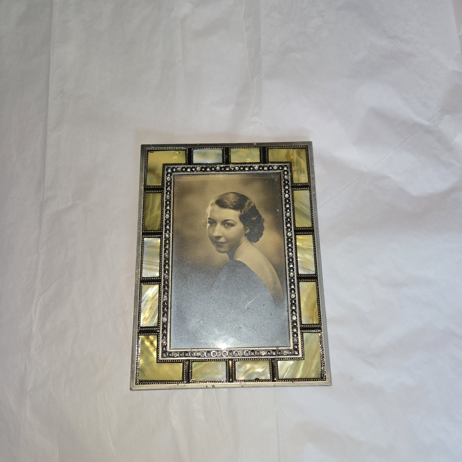 Vintage 4X6 Frame Abalone Shell, Crystals~With Vintage Photo Of Woman gallery