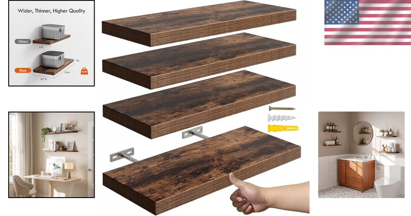 Charming 16” Floating Shelves - Rustic Brown Storage Solution Set of 4 gallery
