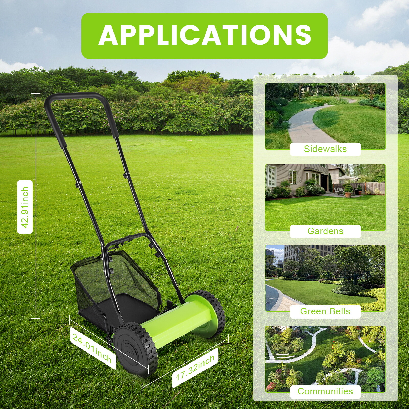 12 in Manual Lawn Mower 5-Blade Push Reel Lawn Mower with Grass Catcher Green gallery