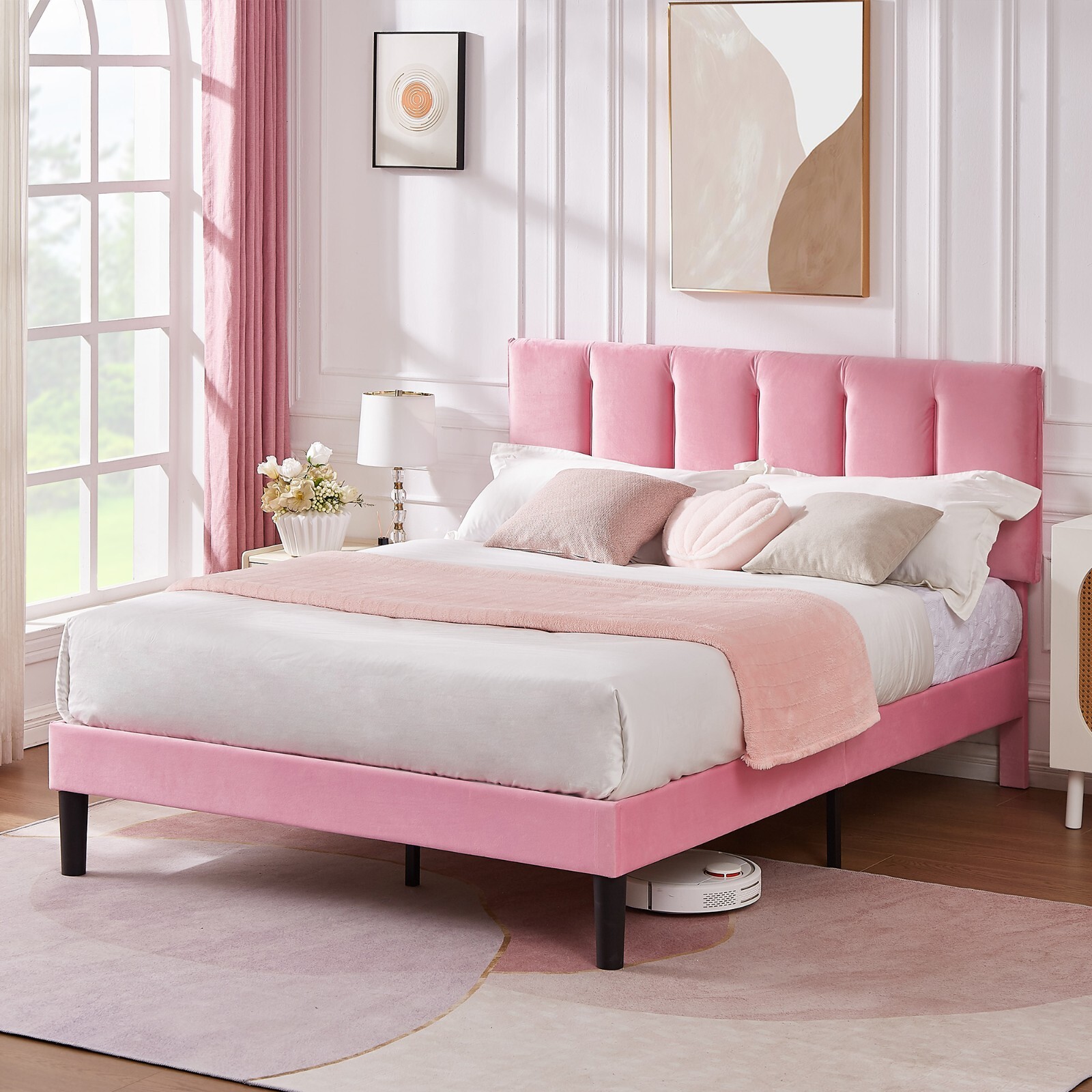Upholstered Pink Twin Full Queen Size Bed Frame Velvet Platform with Headboard gallery