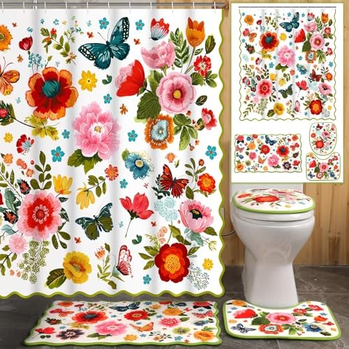 4pcs Spring Shower Curtain Set Spring Boho Floral Bathroom Decor Floral gallery