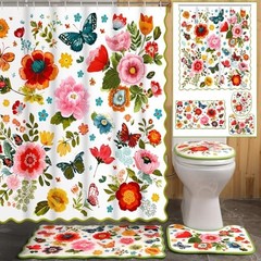 4pcs Spring Shower Curtain Set Spring Boho Floral Bathroom Decor Floral