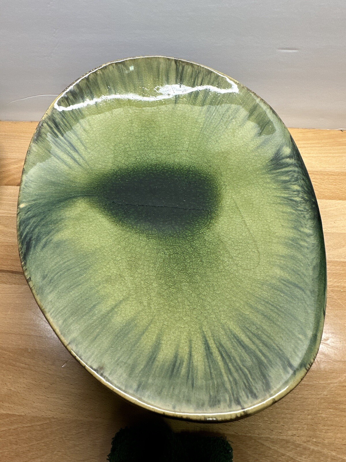 Pier 1 Free Form Avocado Ceramic Centerpiece Art Bowl Drip Glazed 70s Abstract gallery