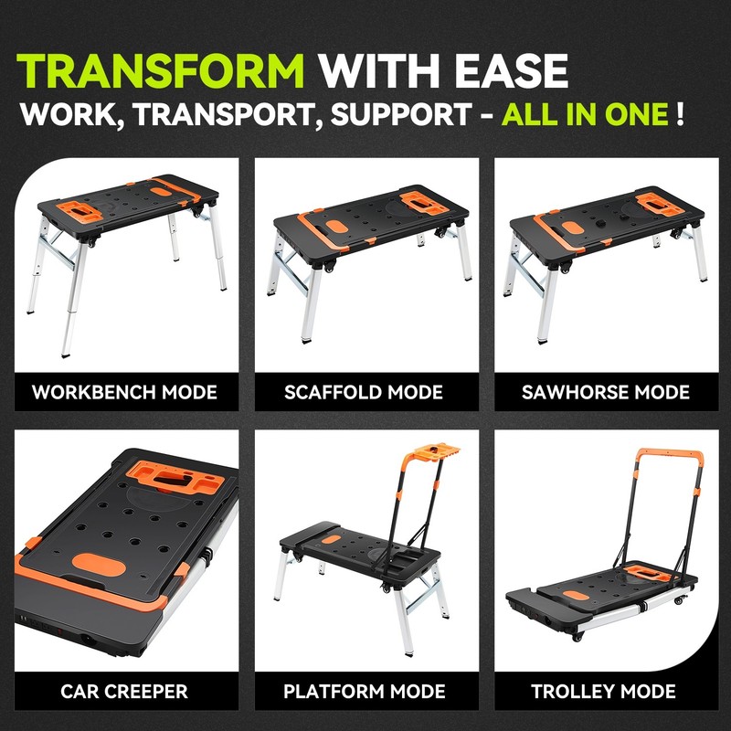 Orange 7-In-1 Multifunctioanl Adjustable Foldable 220LB Work Bench w/ 4 Wheels gallery