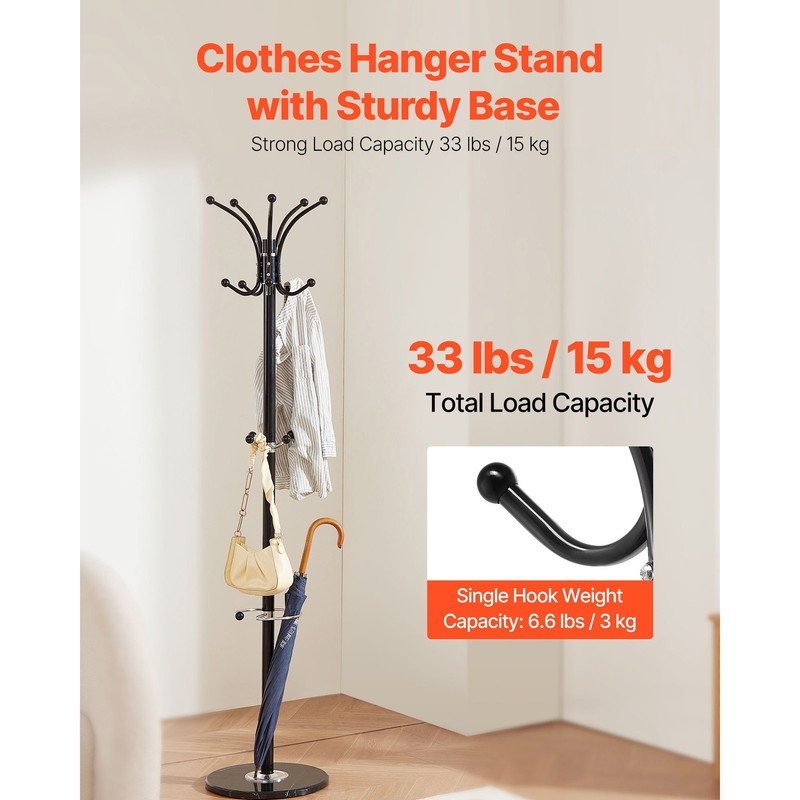 Freestanding Coat Rack Stable Marble Base with Umbrella Holder & 14 Hooks gallery
