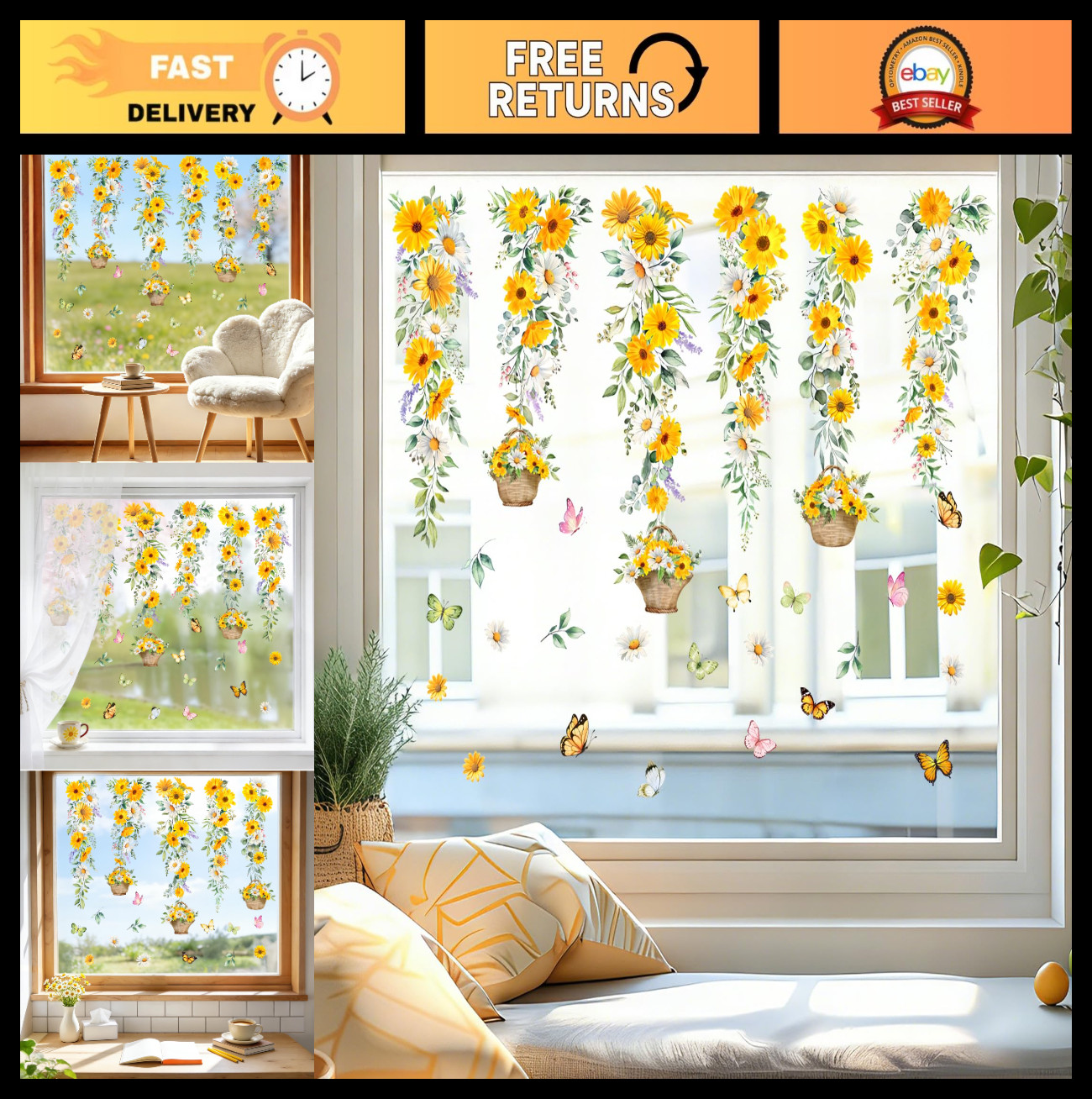 Spring Summer Flower Window Clings - 9 Sheets Double-Sided Daisy Stickers, Reusa gallery