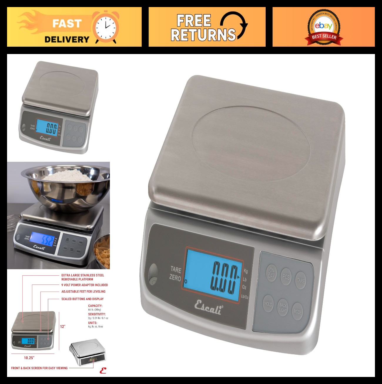 Escali Digital Kitchen & Industrial Scale 66 lb Capacity Stainless Steel gallery