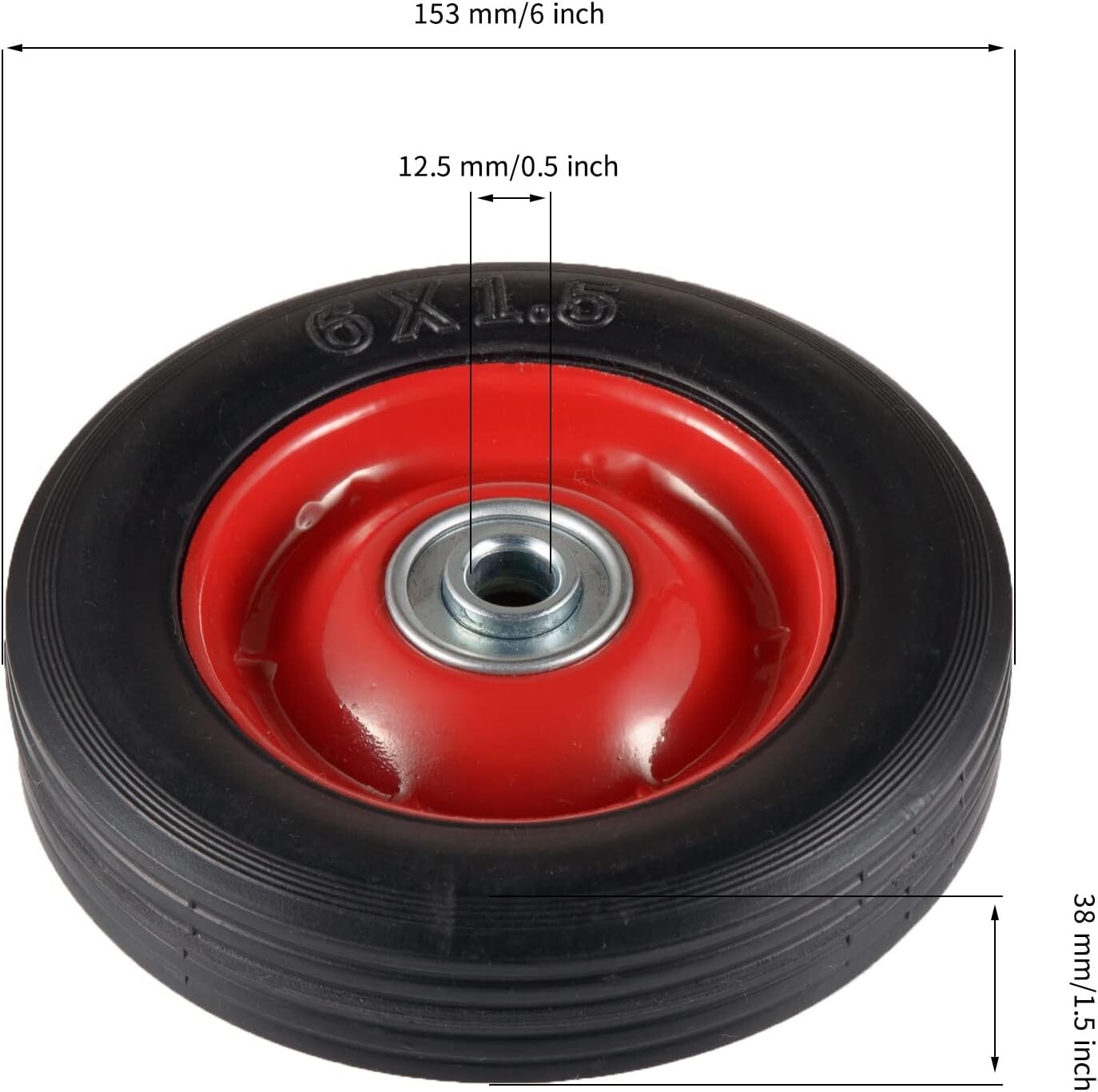 (2-Pack) 6” x 1.5” Flat Free Solid Rubber Wheel Assemblies - Replacement Hand Tr gallery