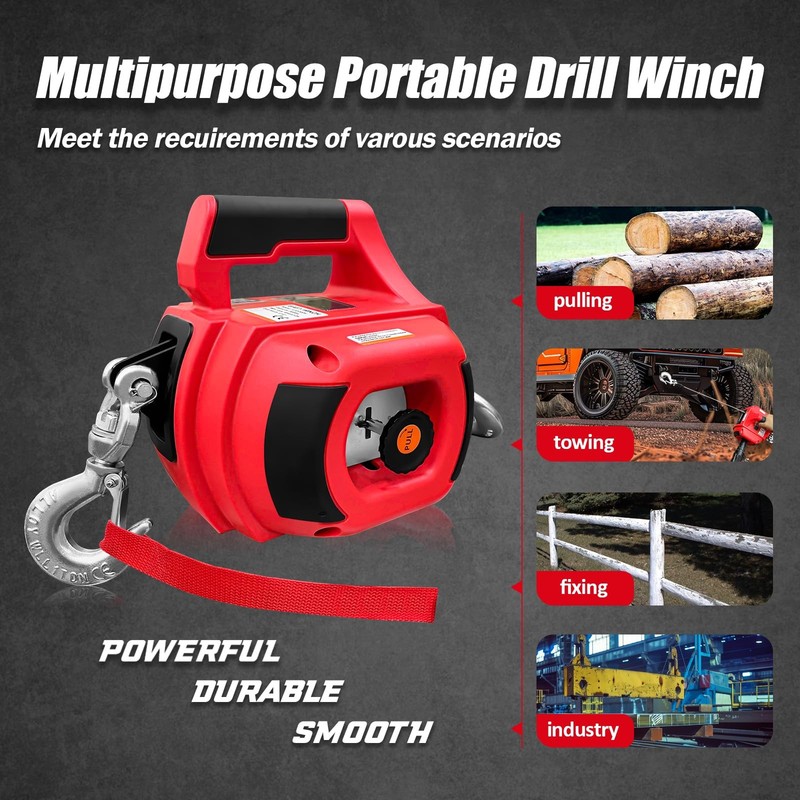 SENKEYFE Drill Powered Portable Winch 1000LBS, with 40FT Red gallery