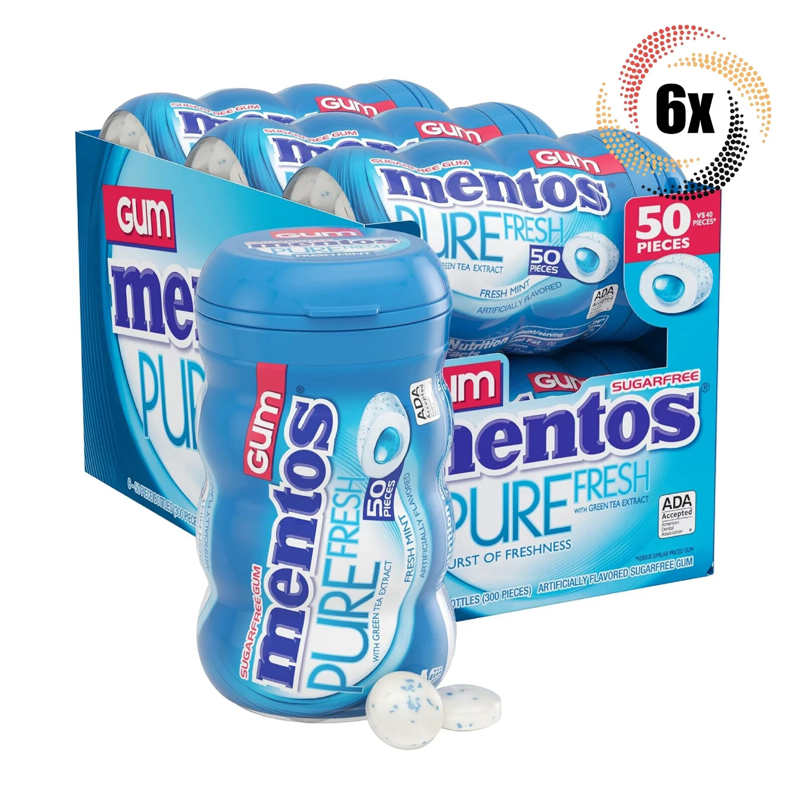 Full Box 6x Bottles Mentos Pure Fresh Mint Flavor Gum, 50 Pieces Each - 3.53oz gallery