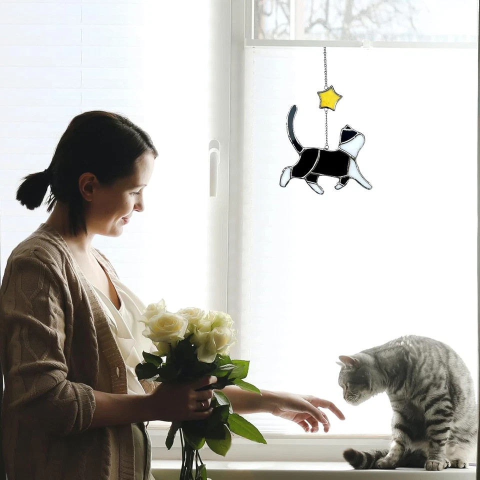 Black Cat Stained Glass Suncatcher Decor for Window Hanging - Memorial Gift - Gi gallery